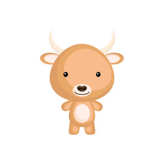 Cute funny baby yak isolated on white background. Domestic adorable animal character for design of album, scrapbook, card and invitation. Flat cartoon colorful vector illustration.