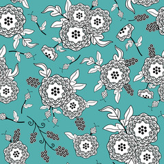 Vector Flowers in Black and White on Turquoise Green Background Seamless Repeat Pattern. Background for textiles, cards, manufacturing, wallpapers, print, gift wrap and scrapbooking.