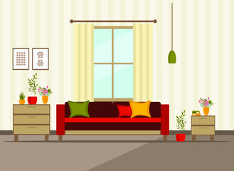 living room interior with furniture, flat cartoon vector illustration