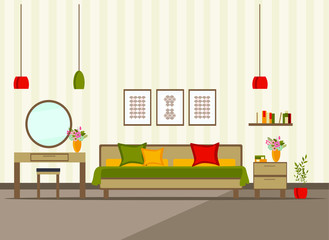 bedroom interior with furniture (bed, bedside table, floor lamp, books, flowers), flat vector illustration