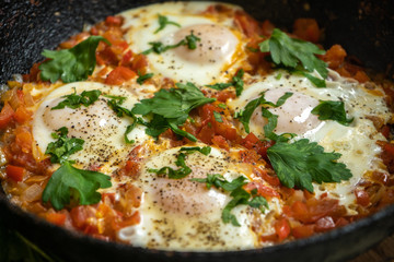 Hot pan of Israel scrambled eggs shakshuka