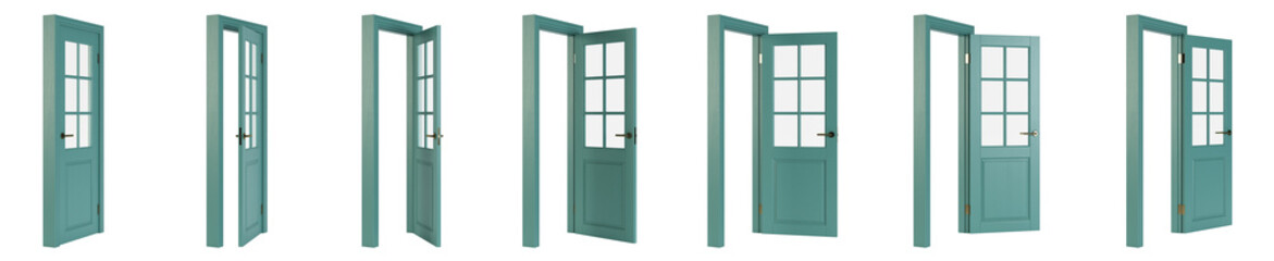Interroom door isolated on white background. Set of wooden doors at different stages of opening. 3D rendering.