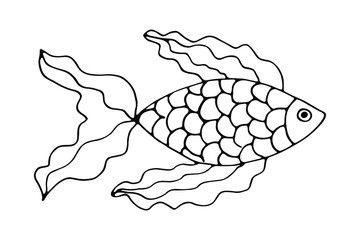 Isolated vector illustration of fish in doodle style on white background. Stylized marine resident with wavy lines. Can use for print, web, greeting card, invitation.	
