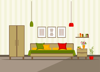 bedroom interior with furniture (bed, bedside table, floor lamp, books, flowers), flat vector illustration