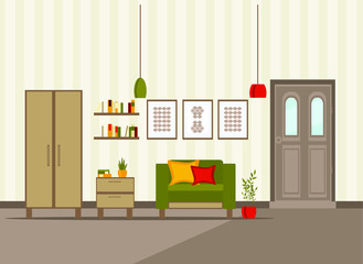 room interior with doors and furniture, flat vector illustration