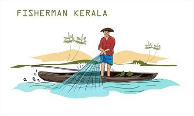 Obraz na płótnie Canvas Fishing Adult Fisherman Fishing Rod in kerala illustration