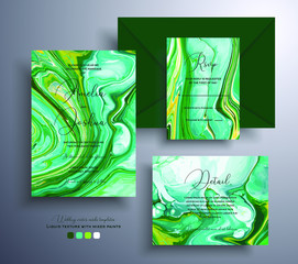 Modern collection of wedding invitations with stone texture. Mineral vector cards with marble effect and swirling paints, green, blue and yellow colors. Designed for greeting cards, packaging and etc.
