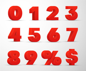 3D red numbers, percent, dollar sign set. Volumetric digits from zero to nine.