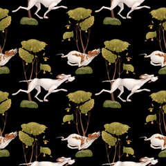 Hound dog pointers run through the forest. Seamless pattern on a black background. Hunting. walking - 352846862