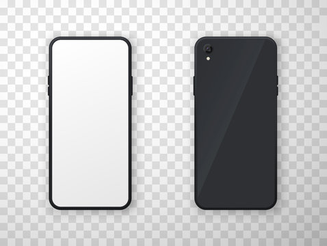 Mobile phone front and back view realistic template. Frameless smartphone detailed mock up.