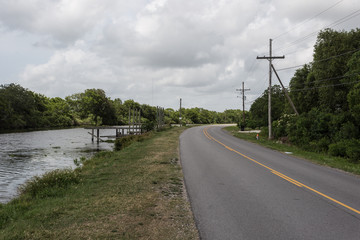 Curving roadway deep in the bayou of Louisiana on a cloudy day