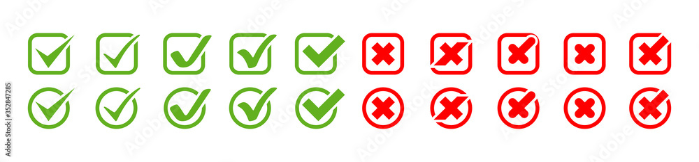 Poster check marks with crosses vector icons big collection. check marks with crosses different shapes, iso