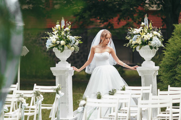 Beautiful bride in a magnificent wedding dress posing among greenery on the street. Bride concept...