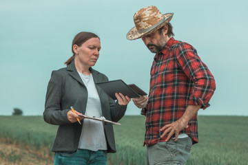 Banker and farmer negotiating bank agriculture loan in wheat field