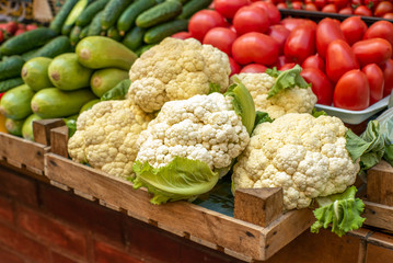 cauliflower at the grocery market close up. Sale of products.