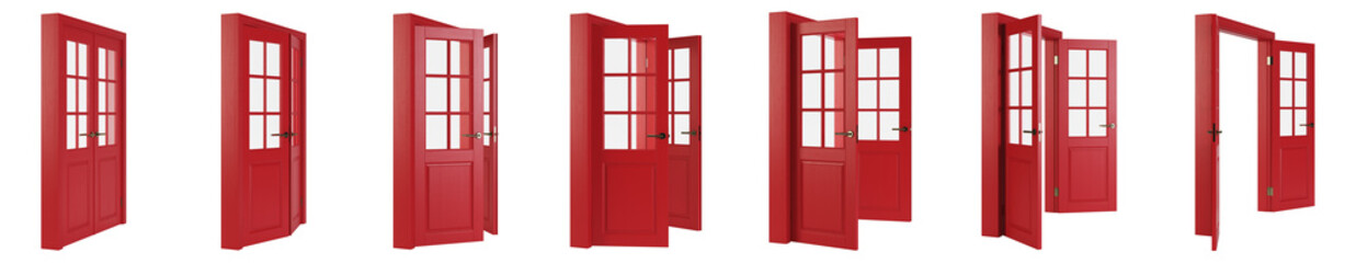 Obraz premium Interroom door isolated on white background. Set of wooden doors at different stages of opening. 3D rendering.