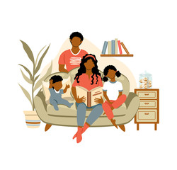 Happy african american family with children at home. People sitting on the sofa and mom reading book for kids. Family lifestyle concept. Cozy vector illustration drawing in flat style