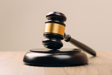 Symbol of law and justice on wooden table in lawyer office