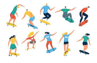 Fototapeta na wymiar Young women and men skateboarding. Teenage girls and boys or skateboarders riding skateboard. Cartoon characters isolated on white background. Flat vector illustration.