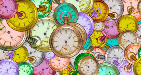 beautiful background of vintage pocket watches of different colors and sizes, the concept of the eternity of time, panorama