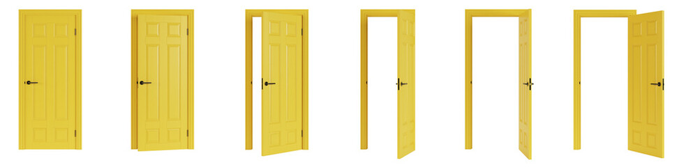 Interroom door isolated on white background. Set of wooden doors at different stages of opening. 3D rendering. - 352849057