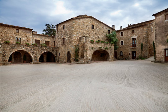 Middle Age village with empty scenery. Backdrop space.