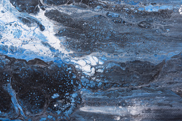 Acrylic  abstract background. Blue paint with silver, Indigo ocean