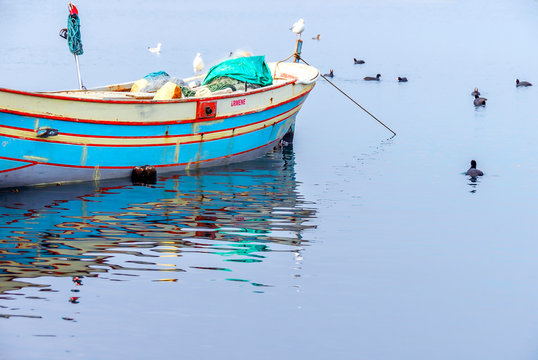TRABZON / TURKEY - JANUARY 13, 2010: Fishing Boat and Grebe Birds. Faroz Fisher shelter