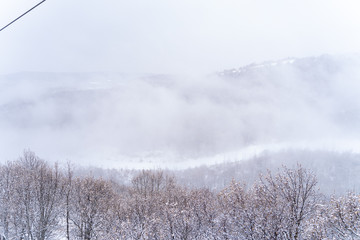 Obraz na płótnie Canvas Armenia, winter, 2019: mountain snowy landscape with cliffs and bare trees