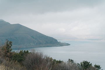 Armenia, autumn, 2019: mountain view on Azat reservoir on cloudy autumn day