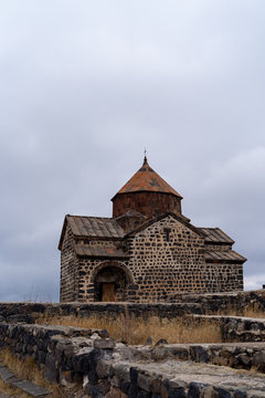 Armenia, autumn, 2019: Sevanavank monastery on cloudy autumn day
