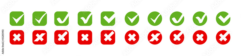 Poster check marks with crosses vector icons big collection. check marks with crosses different shapes, iso