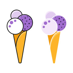 Set of vector ice cream cones isolated on white background. Outline and colored lavender ice cream cones. Food design elements for the menu, bakery logo, web, postcards.