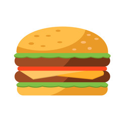 Tasty burger with cheese, tomato and two pieces of meat 