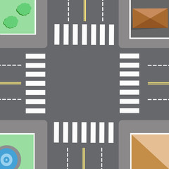 Crossroads with auto with road markings, trees and buildings on the sidewalk vector drawing