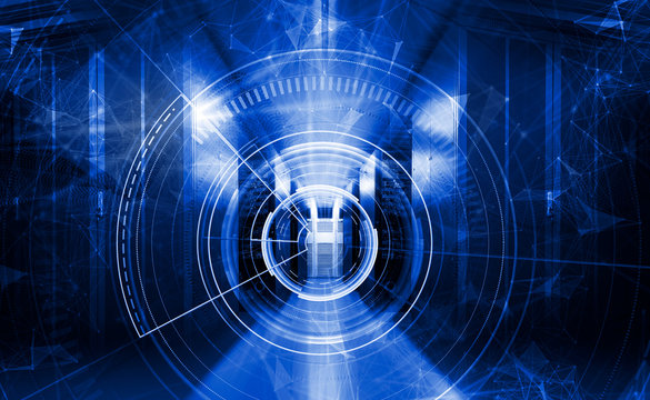 3d rendering Abstract technology big data neon blue visualization 3d rendering. data flows in the server room of a modern data center with HUD interface of information technology