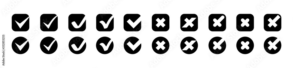 Poster check marks with crosses vector icons big collection. check marks with crosses different shapes, iso
