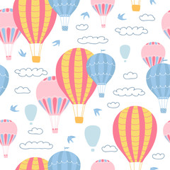 Children's seamless pattern with air balloons, clouds and birds on white background. Cute texture for kids room design, Wallpaper, textiles, wrapping paper, apparel. Vector illustration