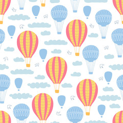 Children's seamless pattern with air balloons, rainbow, clouds and birds on white background. Cute texture for kids room design, Wallpaper, textiles, wrapping paper, apparel. Vector illustration