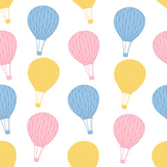 Children's seamless pattern with air balloons on white background in cartoon style. Cute texture for kids room design, Wallpaper, textiles, wrapping paper, apparel. Vector illustration