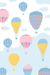 Children's poster with air balloons, sun, clouds in cartoon style. Cute concept for kids print. Illustration for the design postcard, textiles, apparel. Vector