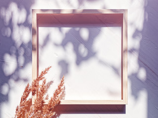 An empty wooden picture frame is on a white background with shadows from the foliage. Nearby are spikelets of dried plants. Flat lay. Copy space.