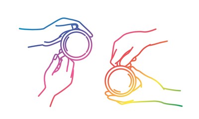 Hands holding cups. Meeting. Rainbow colors in linear vector illustration.