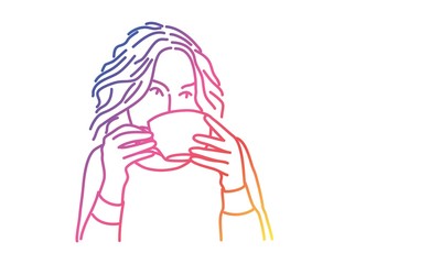 Young woman with cup. Rainbow colors in linear vector illustration.