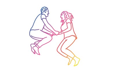 Young woman and man actively jumping fun together. Rainbow colors in linear vector illustration.