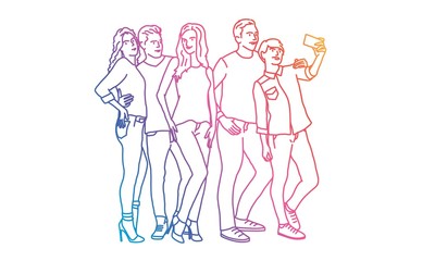 Group of friends making selfie photo. Rainbow colors in linear vector illustration.