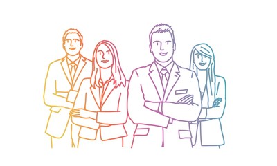 Group of business people with crossed arms. Rainbow colors in linear vector illustration.