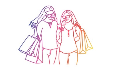 Beautiful girls carrying shopping bags reading text message. Rainbow colors in linear vector illustration.