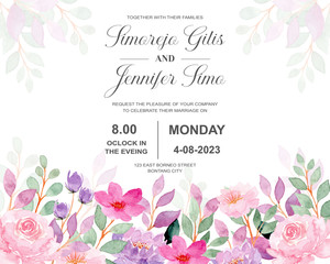 wedding invitation card with pink watercolor flower