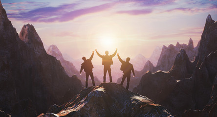 Silhouette of a team of three people celebrating victory against the backdrop of mountains and sunset. 3d rendering